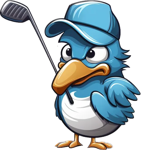 Birdie, the tee-time booking mascot, holding a golf club